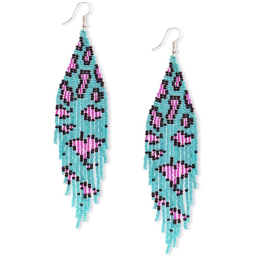 Animal Print Boho Seed Bead Tassel Dangling Statement French Wire Hook Earrings